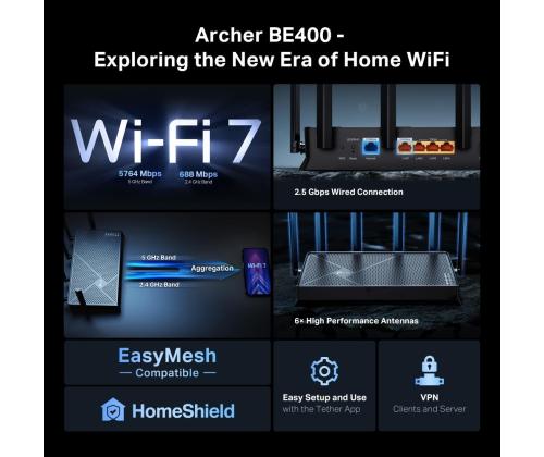 Wireless Router TP-LINK Wireless Router 6500 Mbps Wi-Fi 7 3x10/100/1000M 1x2.5GbE LAN \ WAN ports...