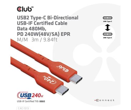 CABLE USB-C TO USB-C 3M/M/M CAC-1513 CLUB3D