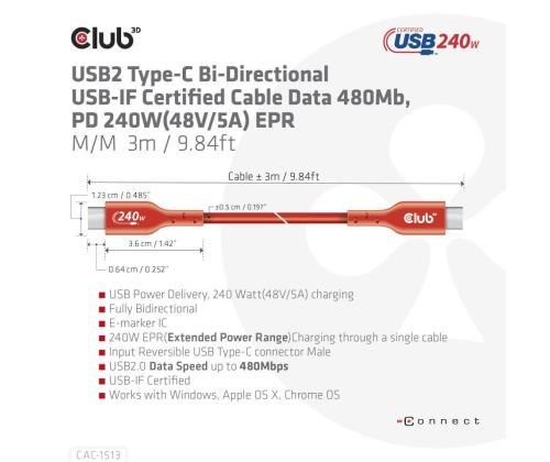 CABLE USB-C TO USB-C 3M/M/M CAC-1513 CLUB3D