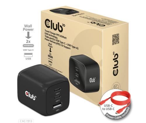 MOBILE CHARGER WALL 3PORT/GAN 65W CAC-1913EU CLUB3D