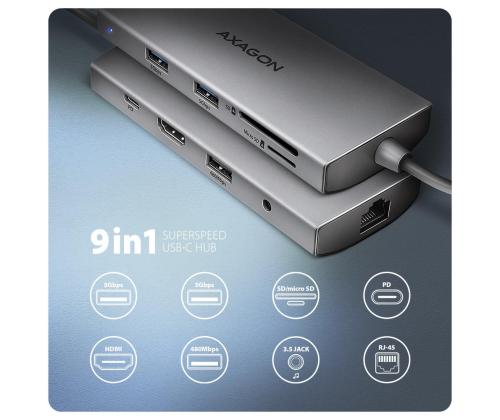 I/O HUB USB-C 9IN1 5GBPS/0.2M HMC-8HLSA AXAGON