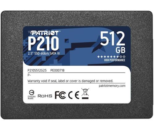 SSD PATRIOT P210 512GB SATA 3.0 Write speed 430 MBytes/sec Read speed 520 MBytes/sec 2,5" TBW 240...