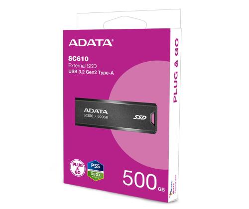 External SSD ADATA SC610 500GB USB 3.2 Write speed 500 MBytes/sec Read speed 550 MBytes/sec SC610...