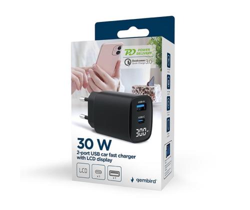 CHARGER USB 30W 2PORT/TA-UC-PDQC30LCD-BK-01 GEMBIRD