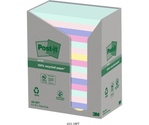 Märkmepaber 76x127mm POST-IT Recycled 655RP pastelsed värvid 16x100 lehte