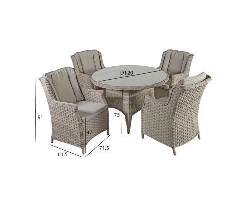 Aiamööblikomplekt PACIFIC 4-tooliga (10494) D120xH75cm, alumiiniumraam plastikpunutisega, värvus: hallikasbeež