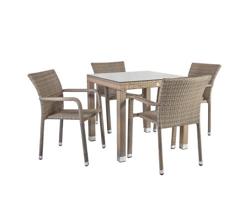 Aiamööbli komplekt LARACHE laud ja 4 tooli (2102) lauaplaat: läbipaistev klaas, alumiiniumraam plastikpunutisega