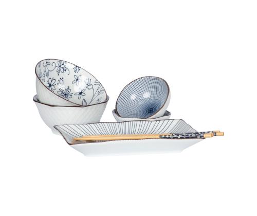 Komplekt SOMETSUKE 4-kaussi, vaagen ja söögipulgad, sinine