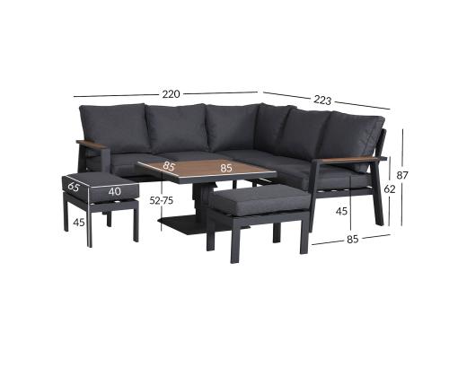 Aiamööblikomplekt PARKER laud, nurgadiivan ja 2 tumbat, hall