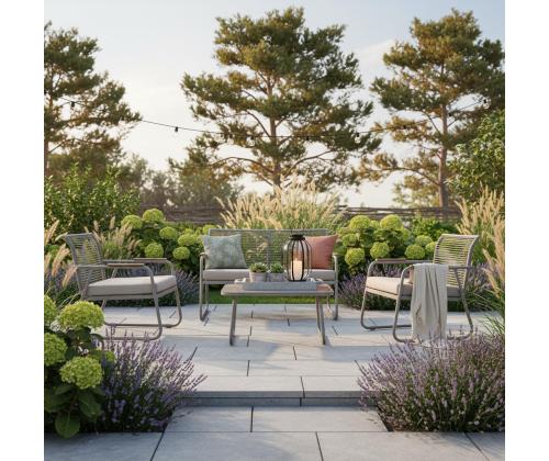 Aiamööblikomplekt MACOS laud, diivan ja 2 tooli, beež