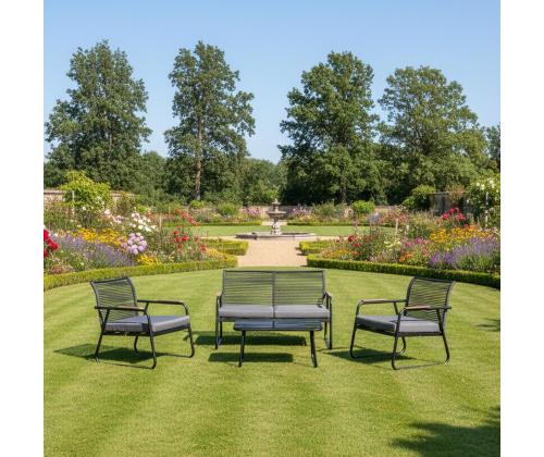 Aiamööblikomplekt MACOS laud, diivan ja 2 tooli, hall/must