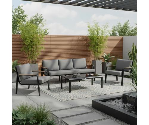 Aiamööblikomplekt LONA laud, diivan ja 2 tooli, hall/must