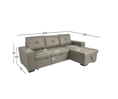 Nurgadiivanvoodi CARITA 240x90/160xH94cm, beež