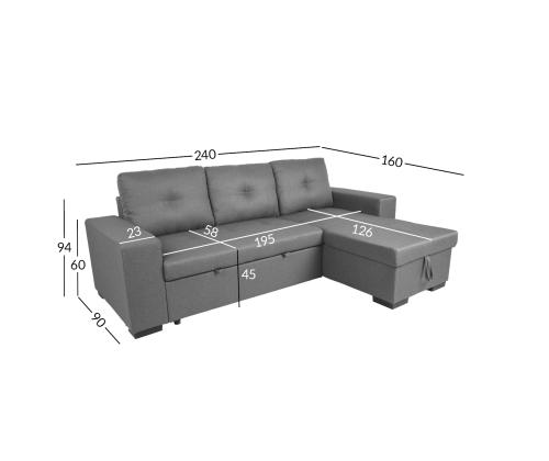 Nurgadiivanvoodi CARITA 240x90/160xH94cm, hall