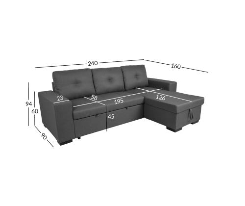 Nurgadiivanvoodi CARITA 240x90/160xH94cm, tumehall