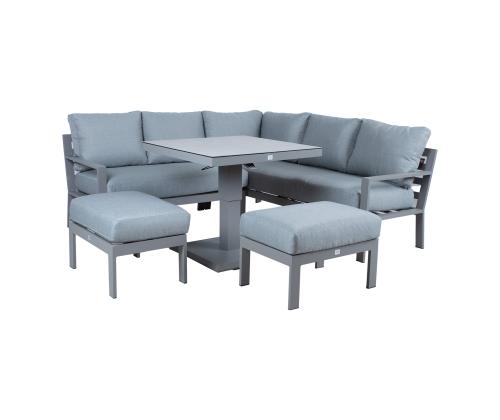 Aiamööblikomplekt RIO laud, nurgadiivan ja 2 tumbat, hallikasbeež