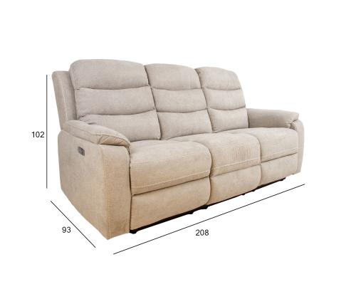Diivan MIMI 3-kohaline elektriline recliner 208x93xH102cm, helehall