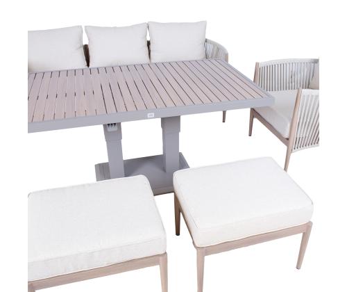Aiamööblikomplekt MEDINA laud, diivan, 2 tugitooli ja 2 tumbat, beež
