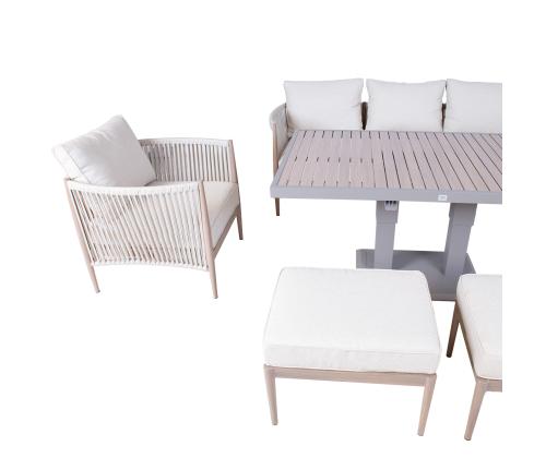 Aiamööblikomplekt MEDINA laud, diivan, 2 tugitooli ja 2 tumbat, beež
