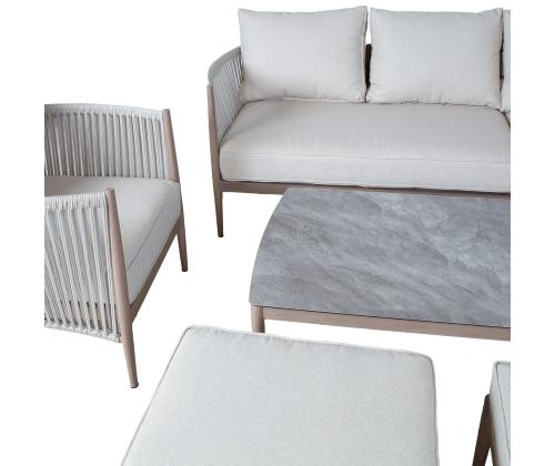 Aiamööblikomplekt MEDINA laud, nurgadiivan, tugitool ja 2 tumbat