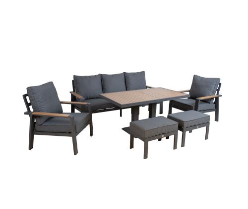 Aiamööblikomplekt PARKER laud, diivan, 2 tugitooli ja 2 tumbat, hall