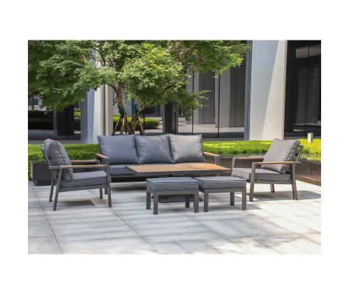 Aiamööblikomplekt PARKER laud, diivan, 2 tugitooli ja 2 tumbat, hall