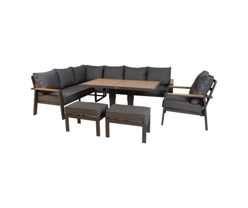 Aiamööblikomplekt PARKER laud, nurgadiivan, tugitool ja 2 tumbat, hall