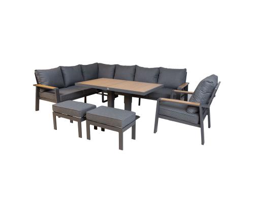 Aiamööblikomplekt PARKER laud, nurgadiivan, tugitool ja 2 tumbat, hall