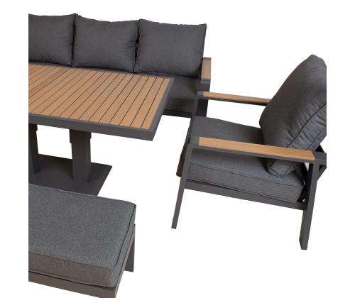 Aiamööblikomplekt PARKER laud, nurgadiivan, tugitool ja 2 tumbat, hall