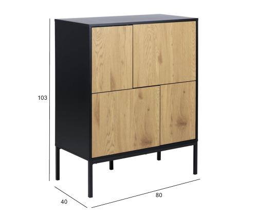 Kummut SEAFORD 80x40xH103cm, tamm/must, raam: MDF, lakitud; uksed: melamiin, metsik tamm; jalad: metall