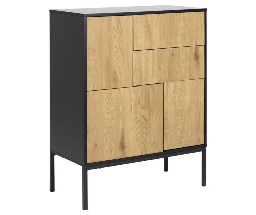 Kummut SEAFORD 80x40xH103cm, 2 sahtliga, raam: MDF, lakitud must matt, 3 ust: lamineeritud kattega mööbliplaat