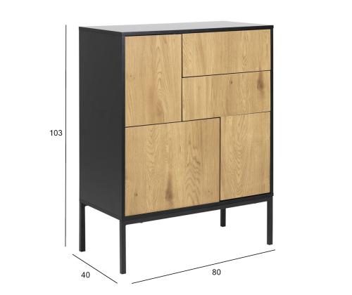 Kummut SEAFORD 80x40xH103cm, 2 sahtliga, raam: MDF, lakitud must matt, 3 ust: lamineeritud kattega mööbliplaat