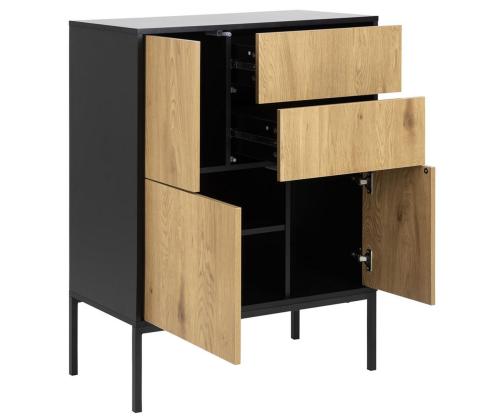 Kummut SEAFORD 80x40xH103cm, 2 sahtliga, raam: MDF, lakitud must matt, 3 ust: lamineeritud kattega mööbliplaat