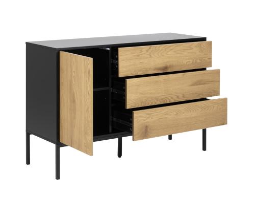 Kummut SEAFORD, 120x40xH82cm, 3 sahtliga, raam: MDF, must matt, 1 uks: lamineeritud kattega mööbliplaat, värvus: tamm