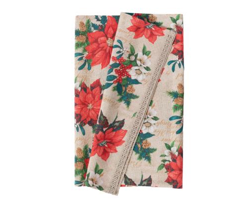 Linik WINTER FLOWERS pitsiga, 43x116cm, jõulutähed, 50% puuvill, 50%polüester, kangas 396