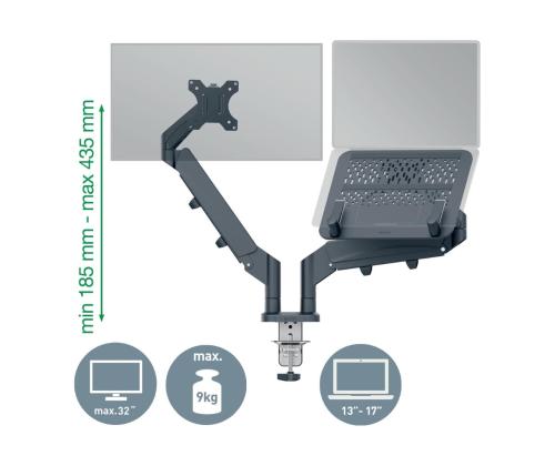 Monitorihoidja 2-le  LEITZ Ergo monitorile + sülearvutile,  VESA 75x100 kuni 32 9kg