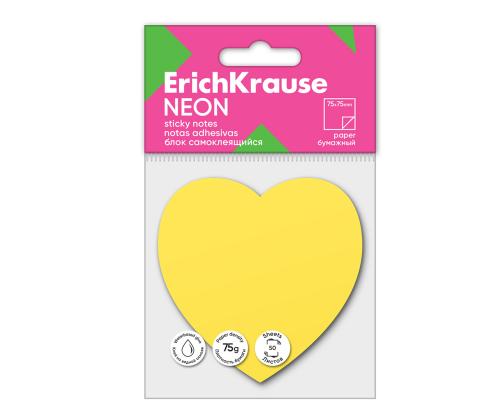 Märkmepaber ERICH KRAUSE Neon, Heart, 75х75 mm, 50 lehte, kollane