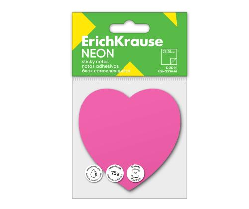 Märkmepaber ERICH KRAUSE Neon, Heart, 75х75 mm, 50 lehte, roosa