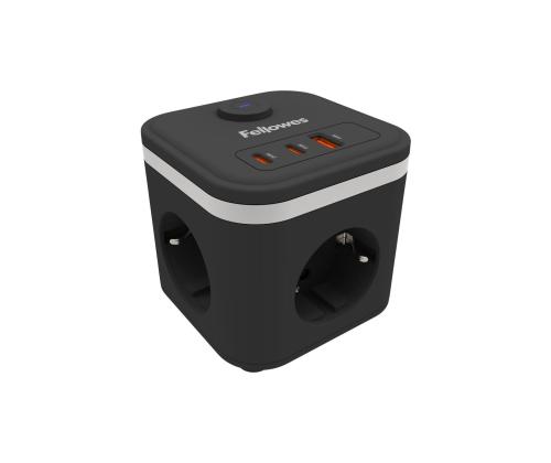 Pikendusjuhe FELLOWES Ampra 3-pesa, 1 x USB-A ja 2 x USB-C, lülitiga must