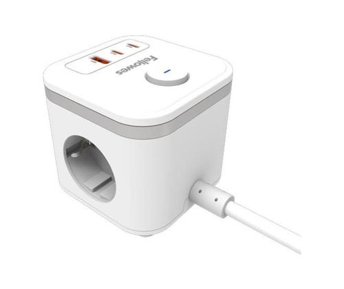 Pikendusjuhe FELLOWES Ampra 3-pesa, 1 x USB-A ja 2 x USB-C, lülitiga valge