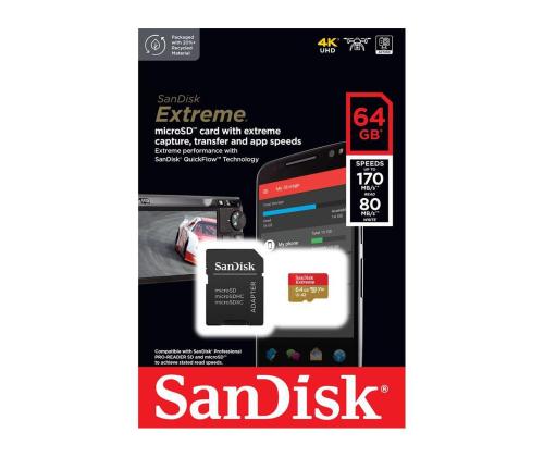 SANDISK Extreme, microSD, 64 GB - Mälukaart ja adapter