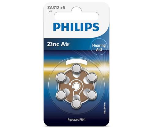 6 x Patarei Philips ZA312 1.4 V Zinc Air (PR41)