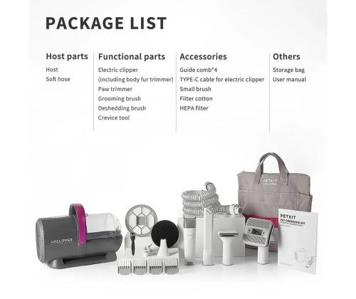 Petkit FurWaker 5-ühes (AirClipper), vaakumfunktsioon, valge/hall - Lemmikloomade hoolduskomplekt