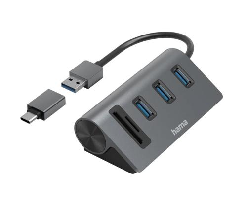 Hama USB Hub, 3x USB-A 3.2 Gen 1, SD, microSD, USB-C Adapter, must/hall - USB jagaja