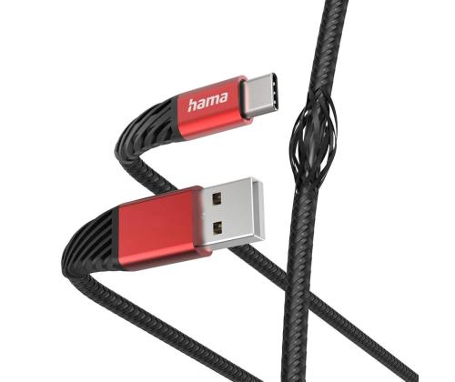 Hama Extreme Charging Cable, USB-A - USB-C, Nylon, 1.5 m, must/punane - Kaabel