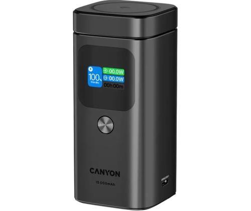 Canyon OnPower 150, 15 000 mAh, USB-A, USB-C, Qi2, tumehall - Akupank