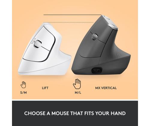 Logitech Lift Vertical Ergonomic Mouse, vaikne, valge - Juhtmevaba optiline hiir