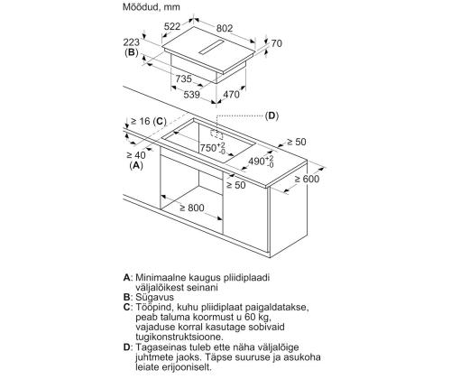 Bosch, Seeria 4, laius 80 cm, raamita, must - Integreeritav induktsioonpliidiplaat õhupuhastiga