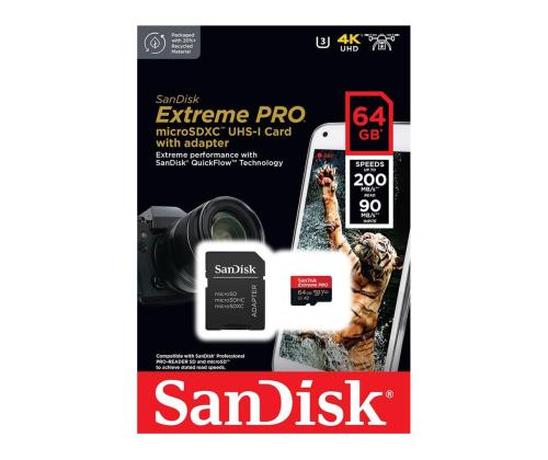 SanDisk Extreme Pro, UHS-I, microSD, 64 GB - Mälukaart ja adapter