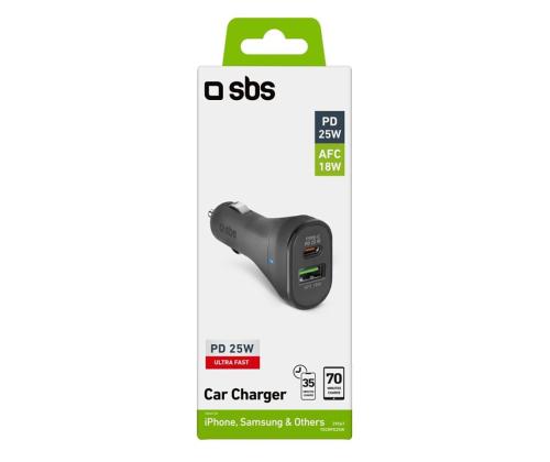 SBS, USB-A, USB-C, 25 W, must - Autolaadija
